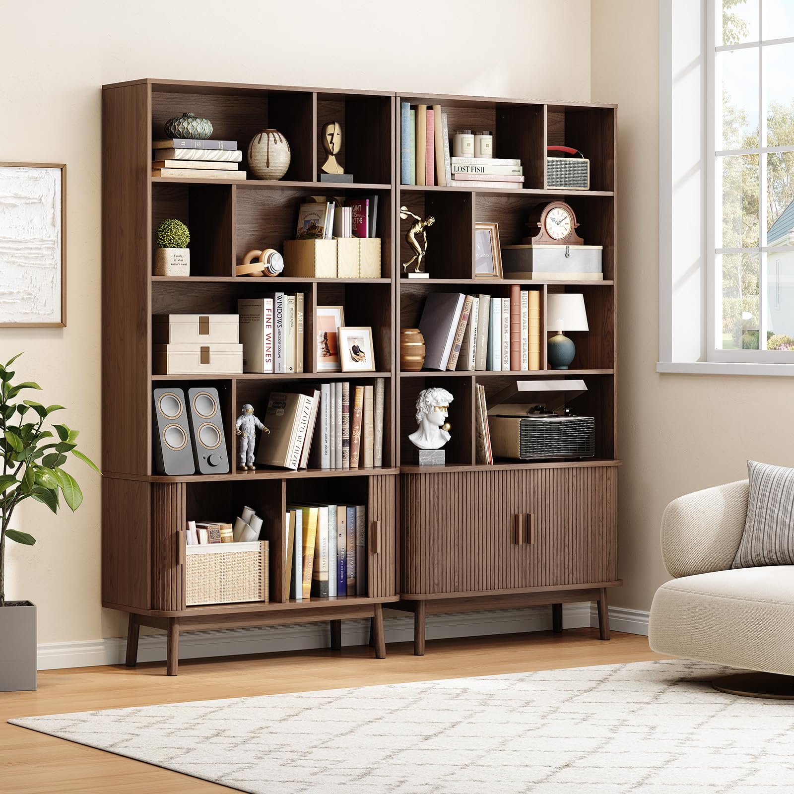 ONBRILL 71" Tall 8-Cube Storage Bookshelf, 35.4" Wide Mid-Century Modern Bookcase with Sliding Door Storage Cabinet, Freestanding Bookshelf with Solid Wood Feet, for Home Office, Living Room, Walnut