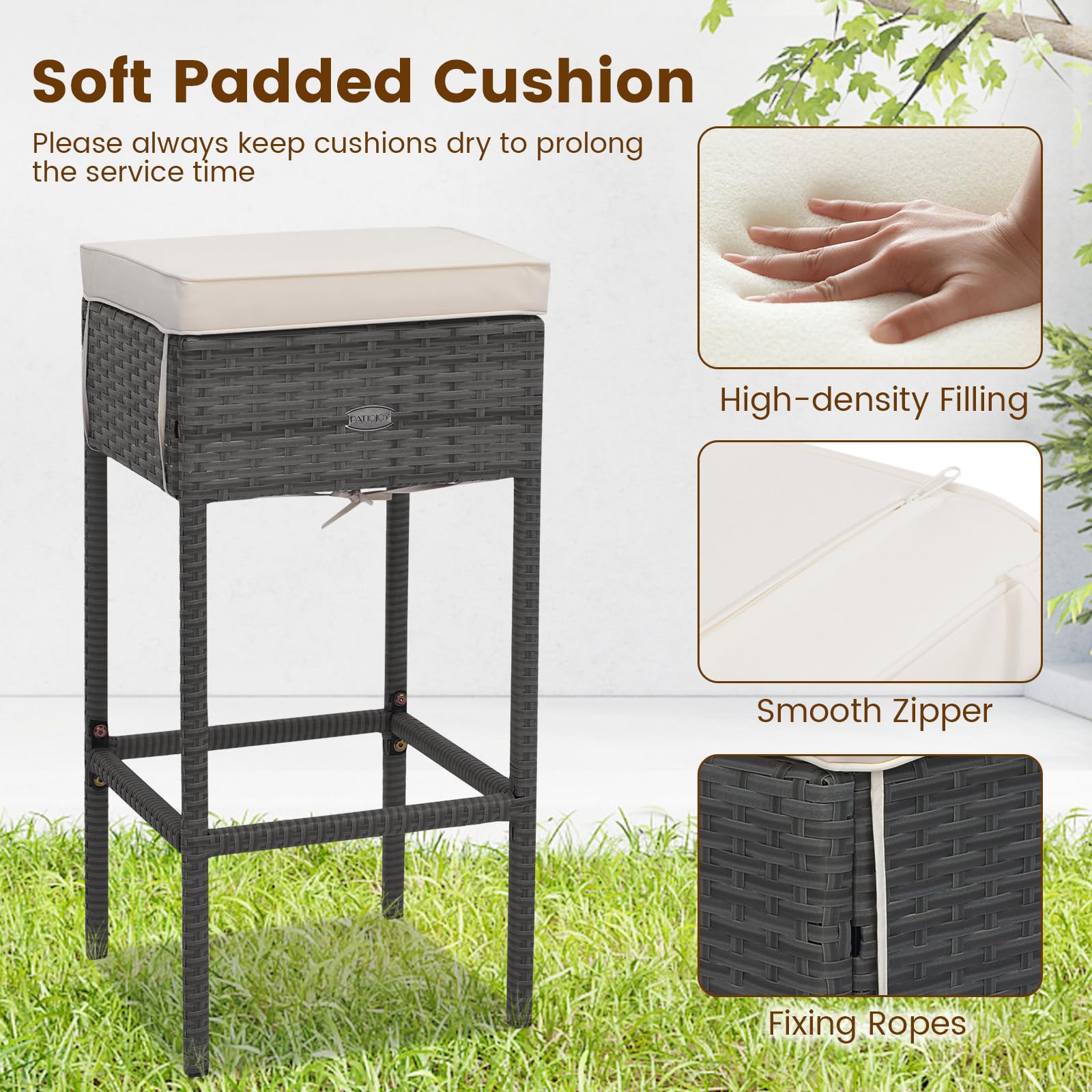 RELAX4LIFE 5-Piece Outdoor Bar Set, Wicker Rattan Bar Height Patio Set w/4 Cushion Bar Stools & Table with Hidden Storage, 5PCS Outdoor High Top Table and Chairs Set for Backyard Poolside (White-Grey)