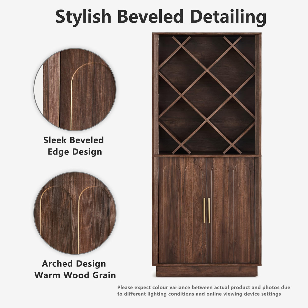 FORTUNETEC 70.87" Tall Liquor Cabinet, Diamond Wine Rack, Walnut