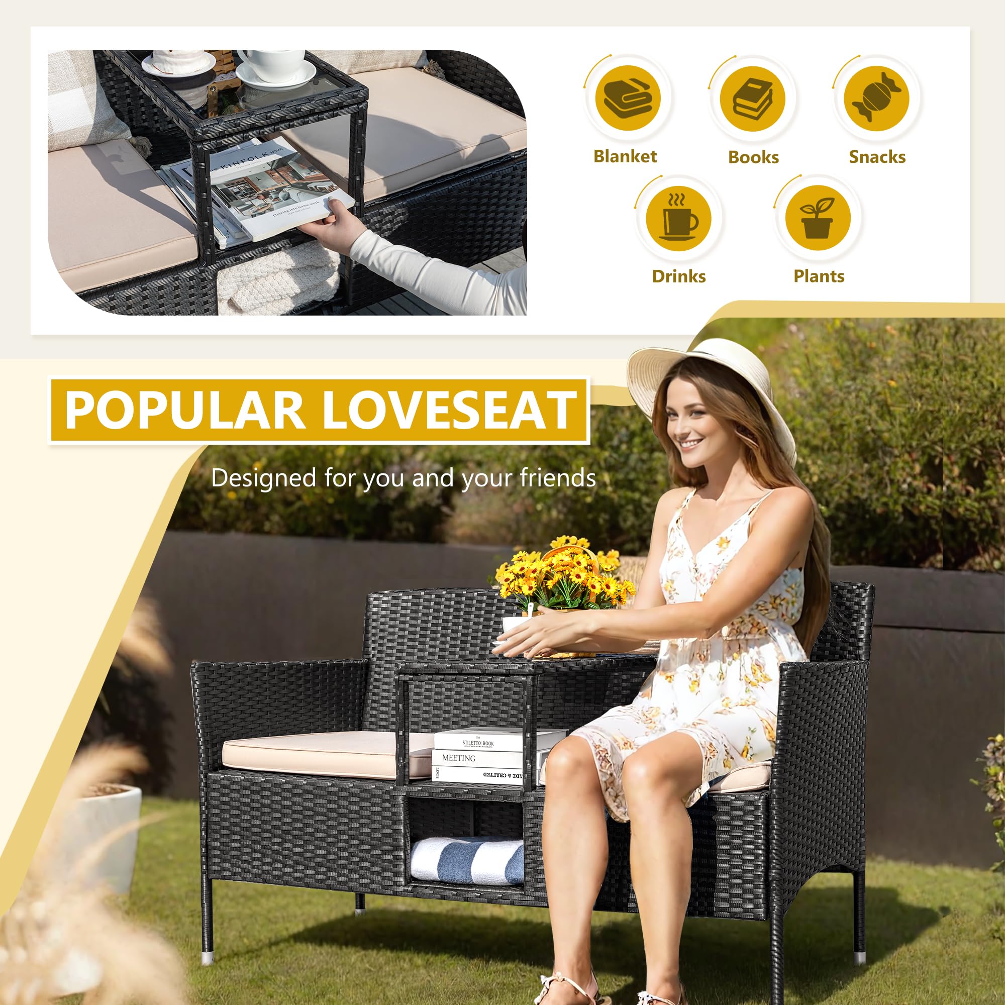 Outdoor Rattan Loveseat with Built-In Table