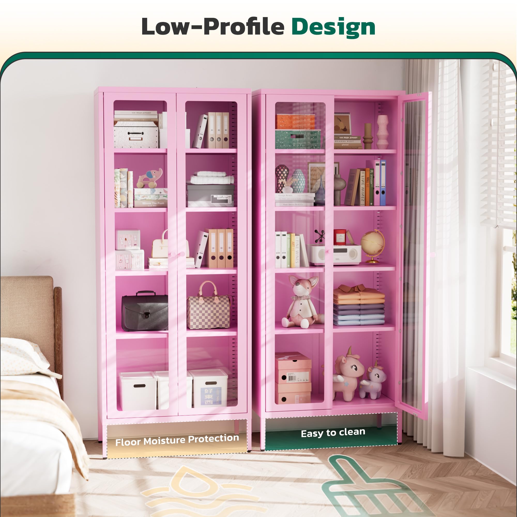 Greenvelly 5-Tier Glass Display Cabinet, Pink Metal Display Cabinet with Glass Doors, 67" Tall Curio Cabinet with Tempered Glass Doors for Home Office, Living Room, Pantry