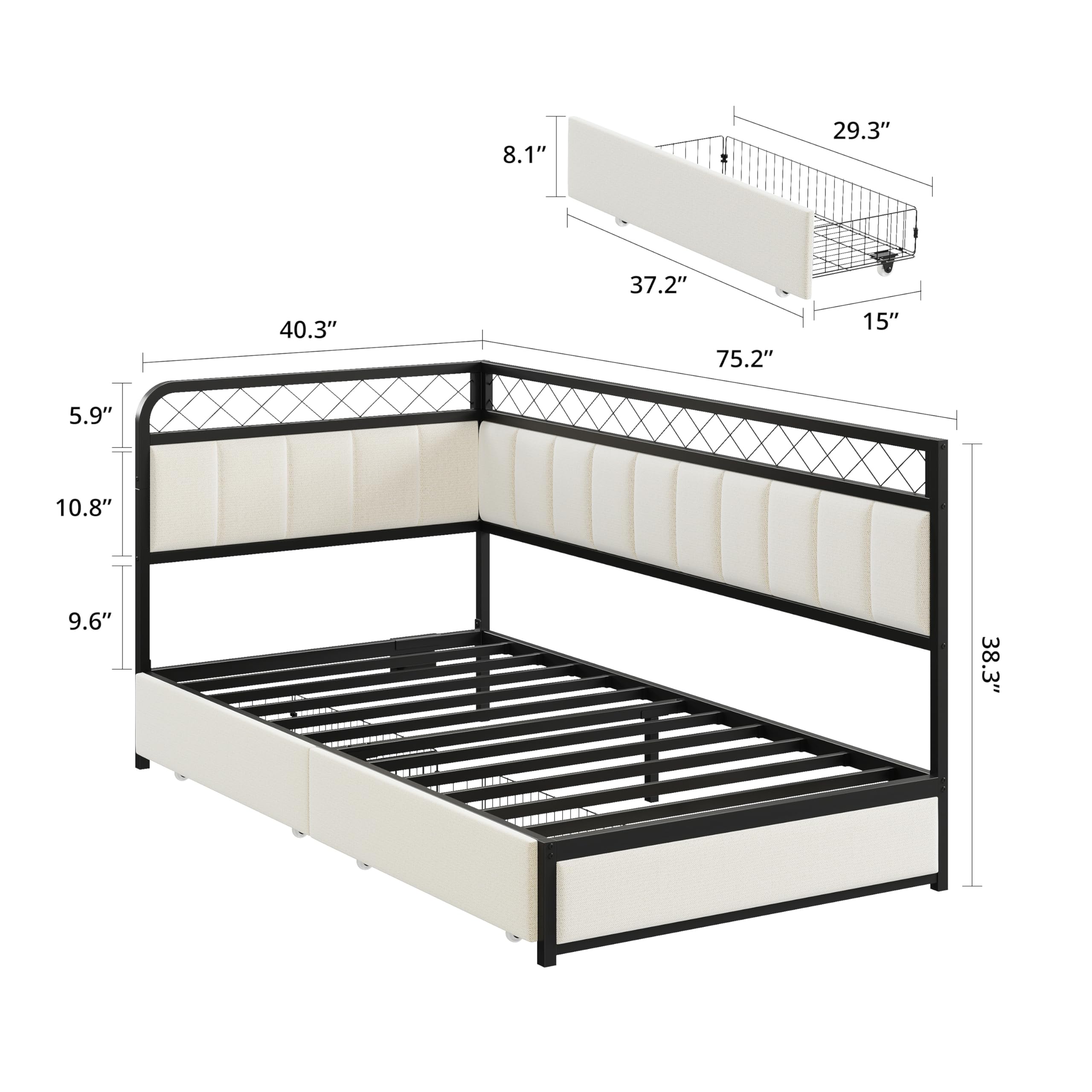 Twin L-Shaped Daybed with LED, Charging Station & Storage Drawers