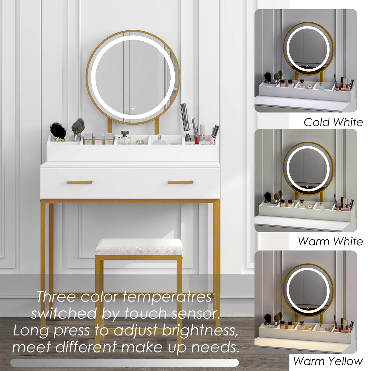 UTEX Makeup Vanity Desk Set with Mirror and Lights White and Gold