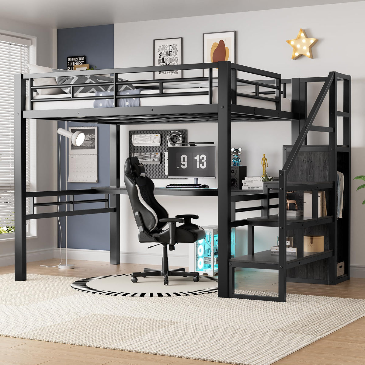 Queen Loft Bed with Desk and Storage