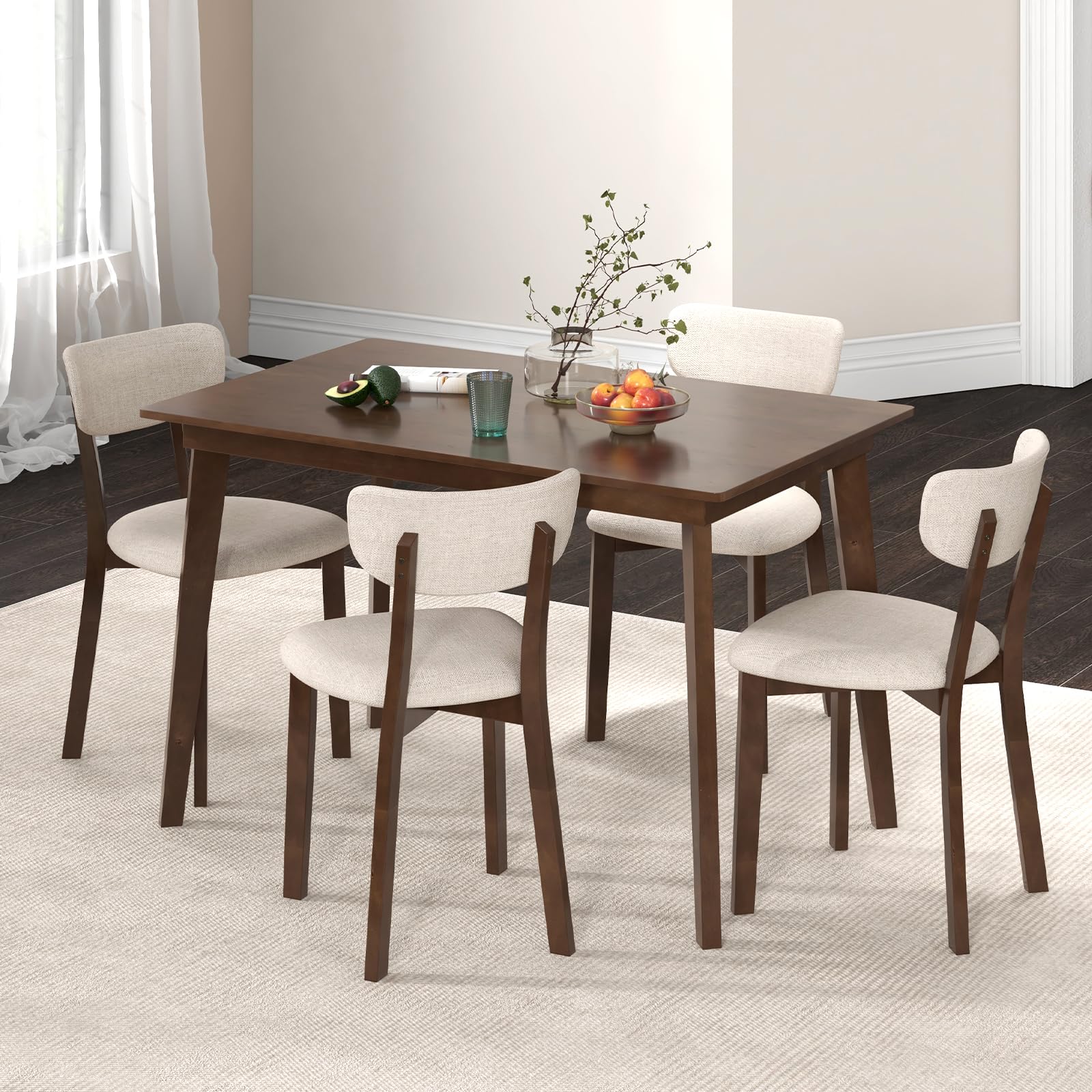 5-Piece Farmhouse Dining Table Set with 4 Upholstered Chairs