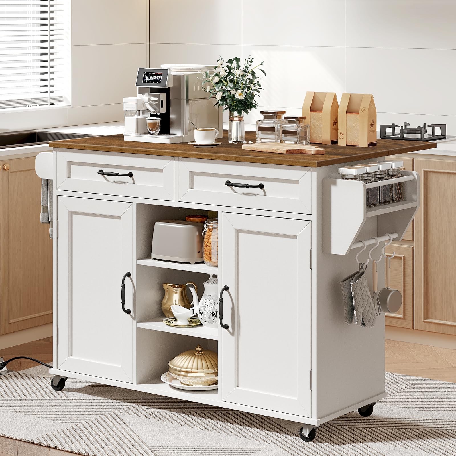 Kitchen Island Cart with Drop Leaf, Power Outlet & Storage