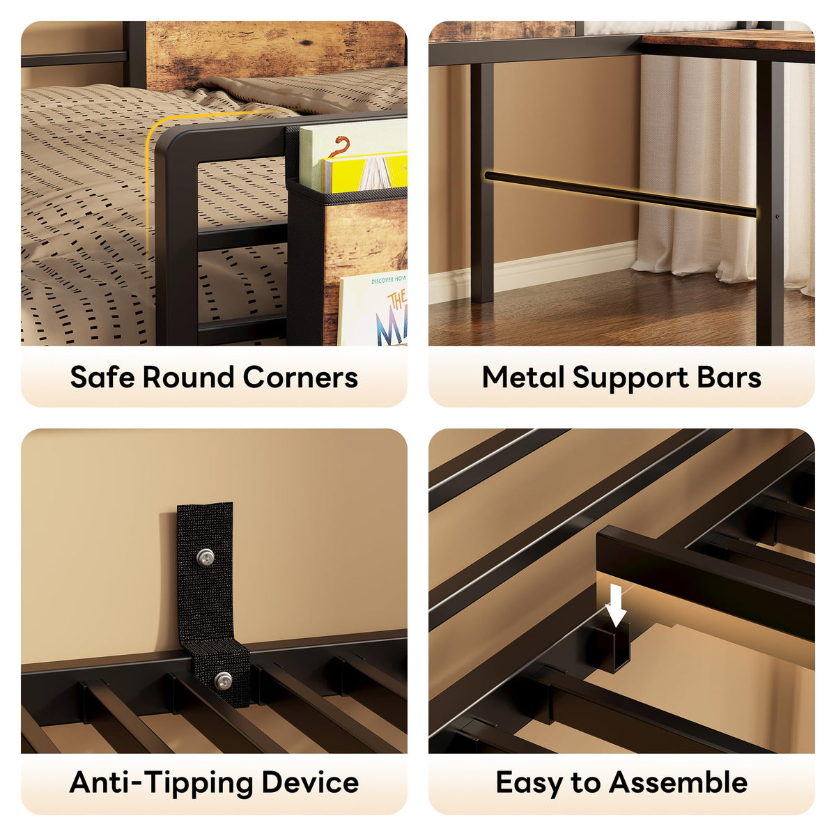LIKIMIO Low Loft Bed Twin Size with Desk & 25 Heavy-Duty Steel Slats