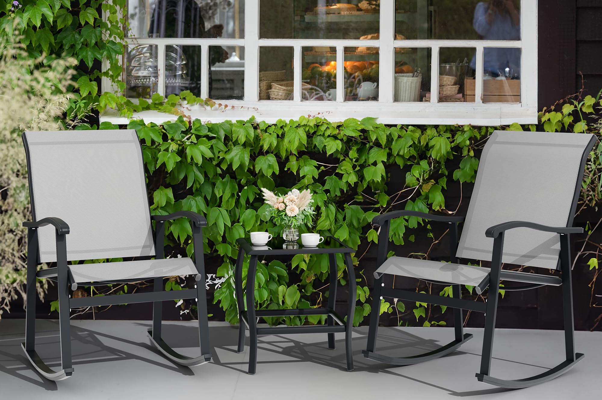3-Piece Outdoor Rocking Bistro Set with Glass Table