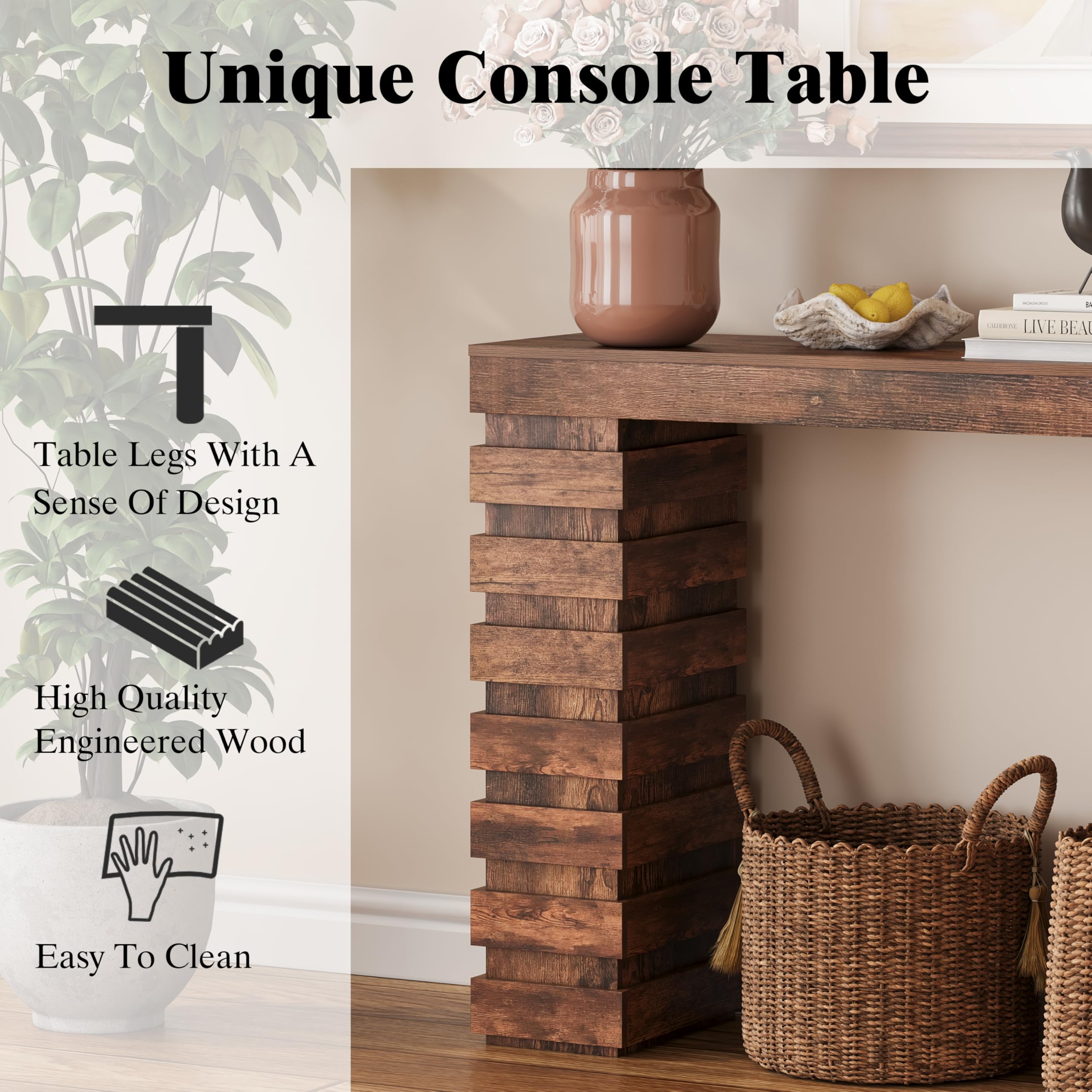 NinPeen 47.24" Long Console Table, Wood Entrance Table, Sofa Table Behind Couch, Industrial Console Table, Entryway Table for Contemporary Living Room, Entryway, or Hallway (Rustic Brown)