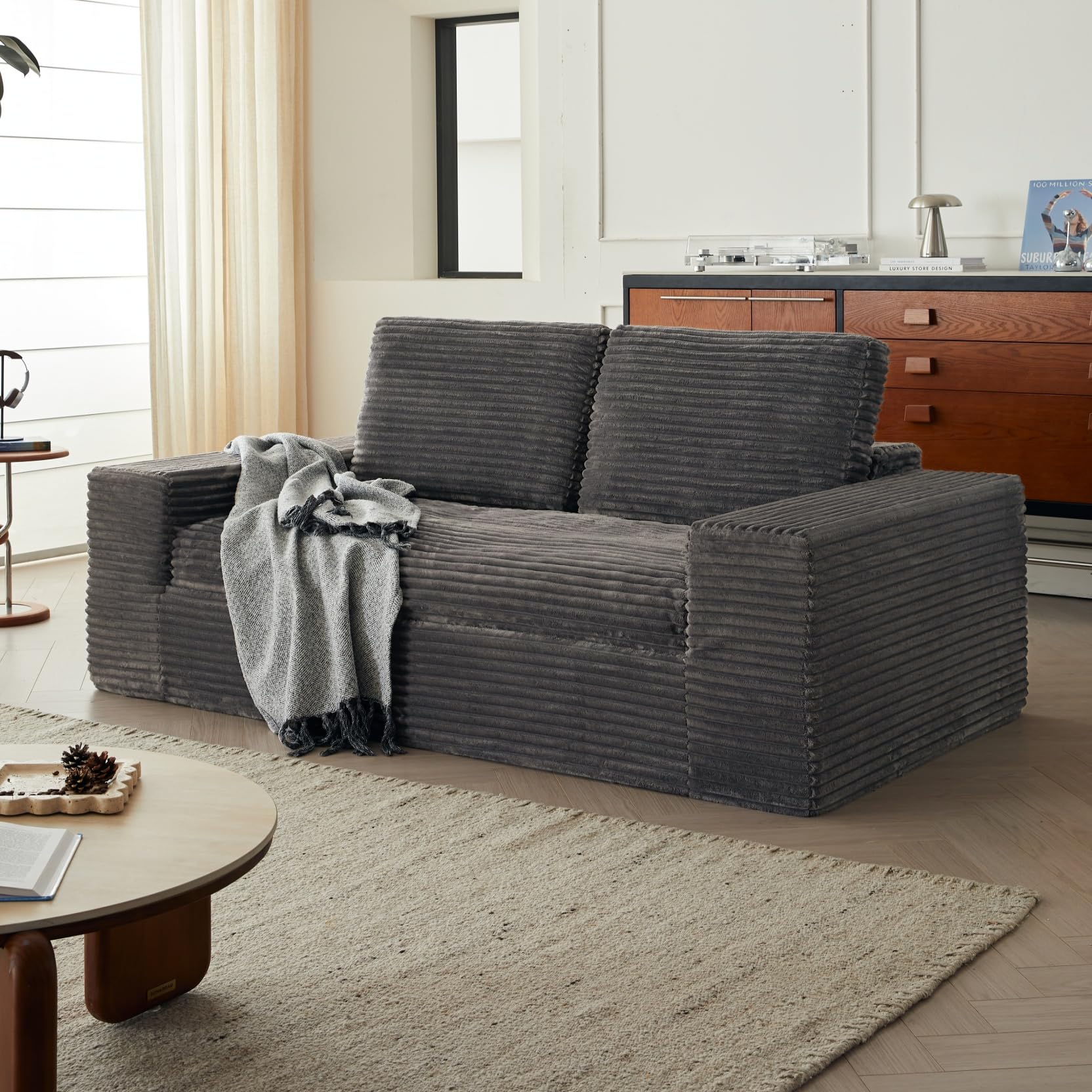 75" Fluffy Corduroy Boneless Couch Cloud Loveseat with Wide Armrest, Upholstered Floor Sofa in A Box, No Assembly Required, Sleeper Sofa for Small Compact Living Room,Office,Apartment (Grey)