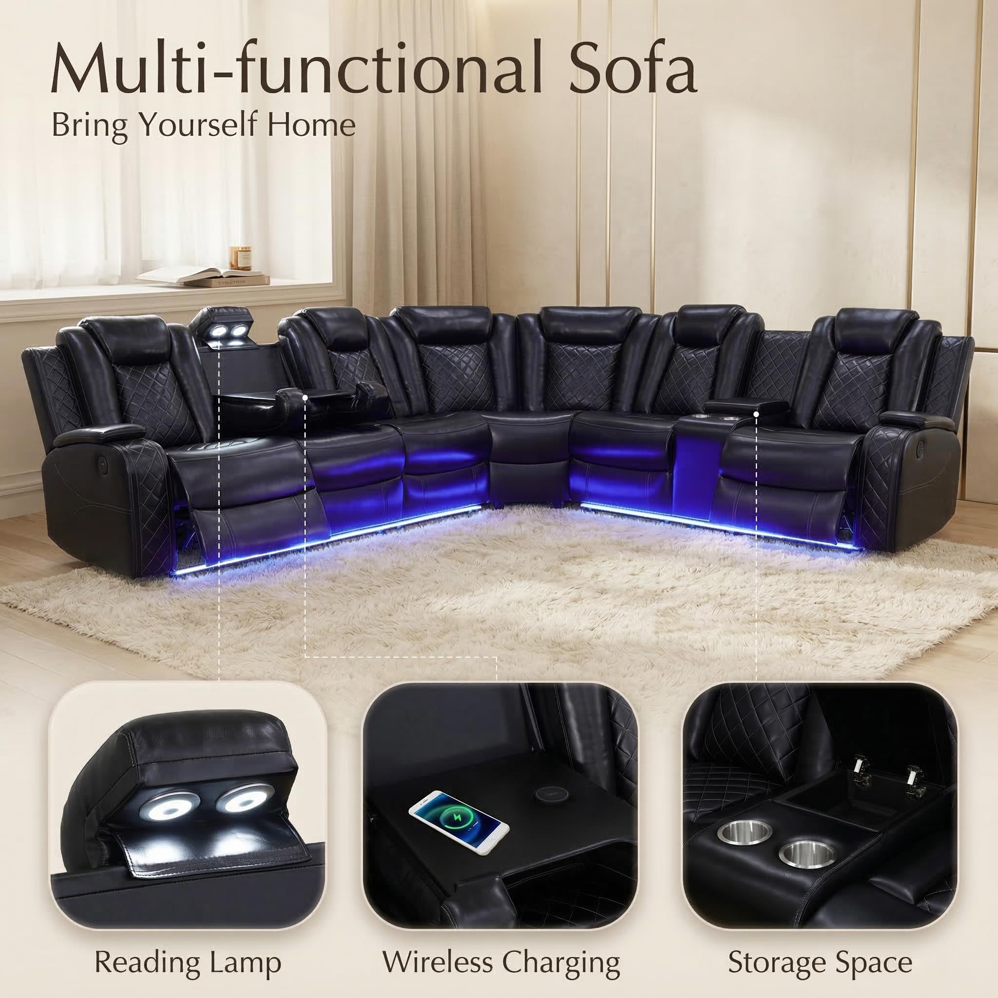 Power Reclining Leather Sectional Sofa Set for Living Room, 6-Seater Black Curved Couch with LED Lights, Cup Holders & Storage Console, Home Theater Seating