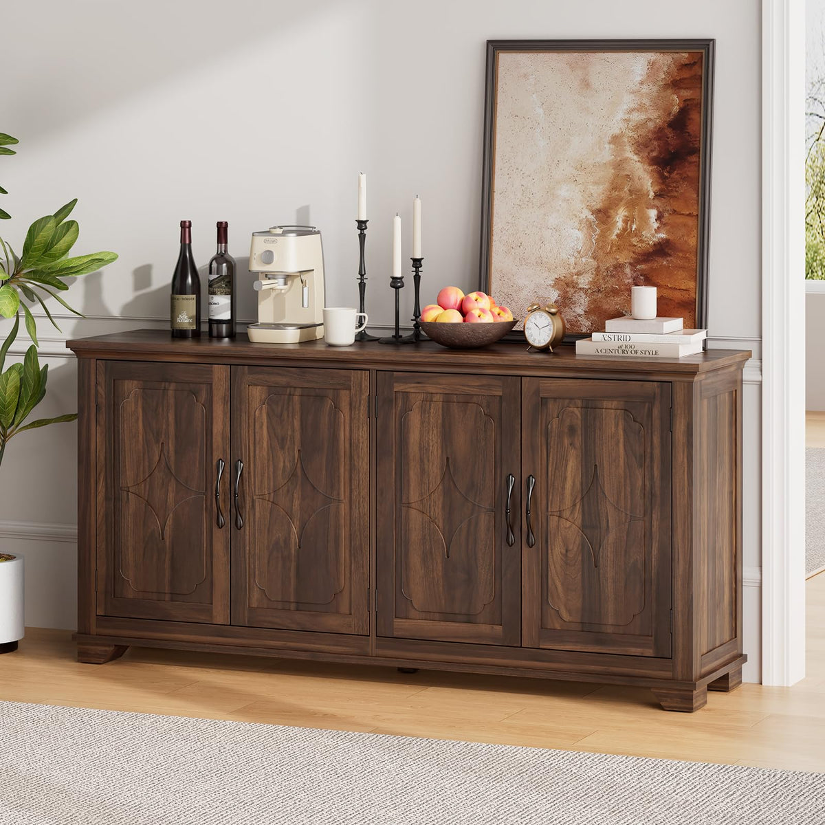 ONBRILL 63 Inch Buffet Cabinet with Storage, 4 Carved Doors, Brown