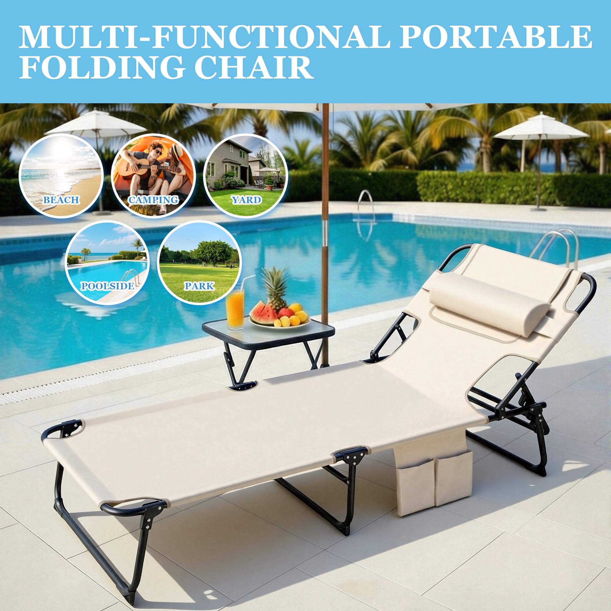 Folding Sun Tanning Lounge Chair with Face Hole, 5-Position Adjustable, 2 Side Pockets & Pillow