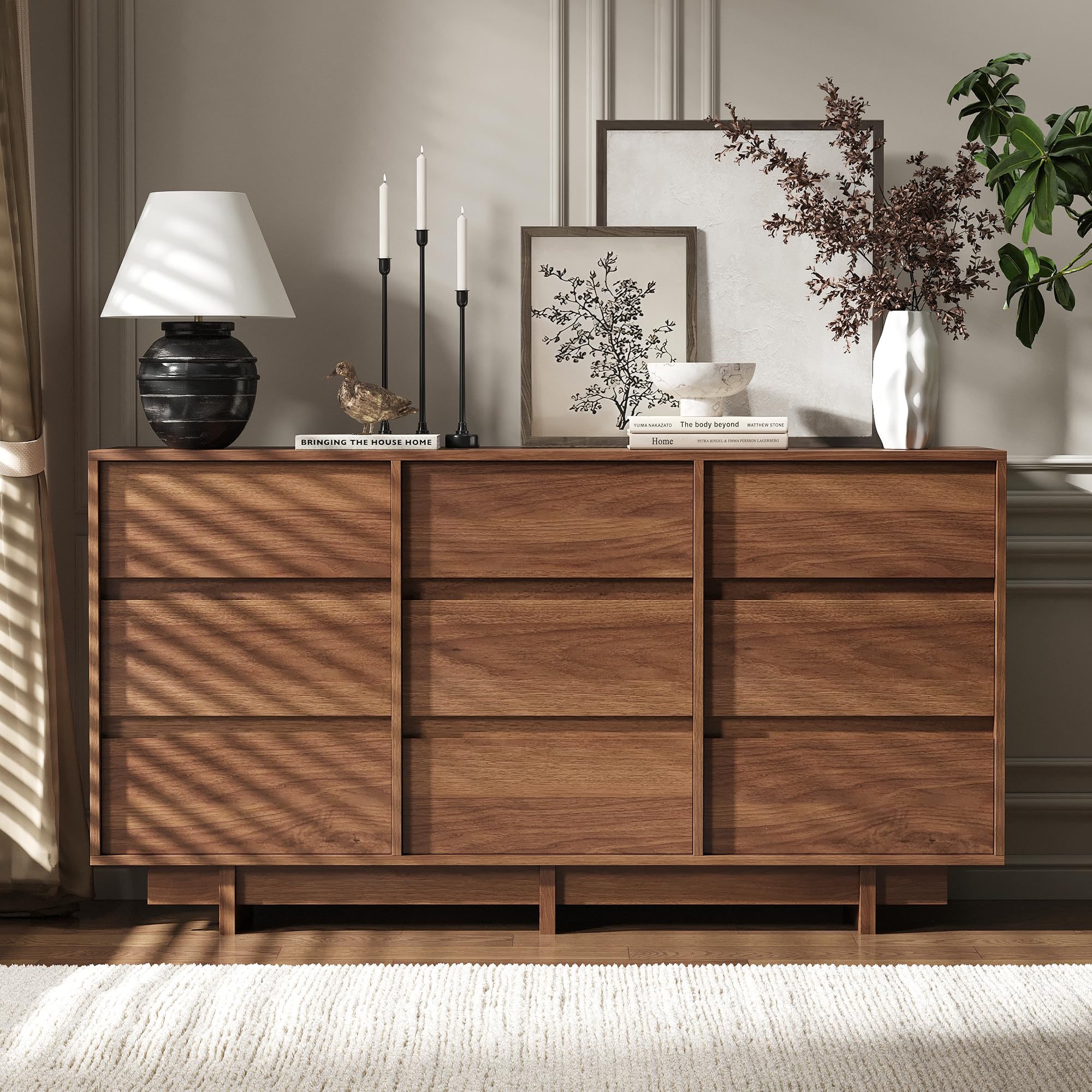 SINROM Walnut Dresser for Bedroom, 59" Wide 9 Drawer Dresser, Mid Century Modern Dressers Chest of Drawers, Wooden Large Dressers for Bedroom, Closet