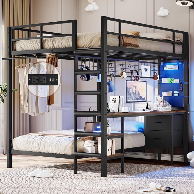 Triple Bunk Bed with Storage Drawers and Charging Station