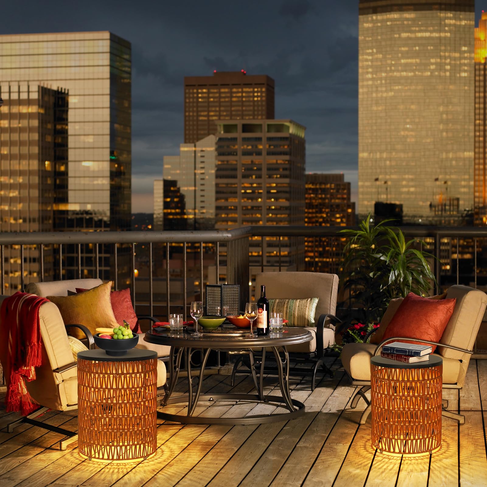 Boho Outdoor Side Table Set of 2 with Dimmable Light