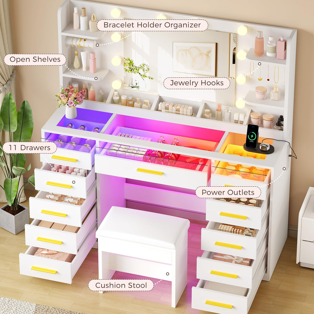 11-Drawer RGB Makeup Vanity with Mirror