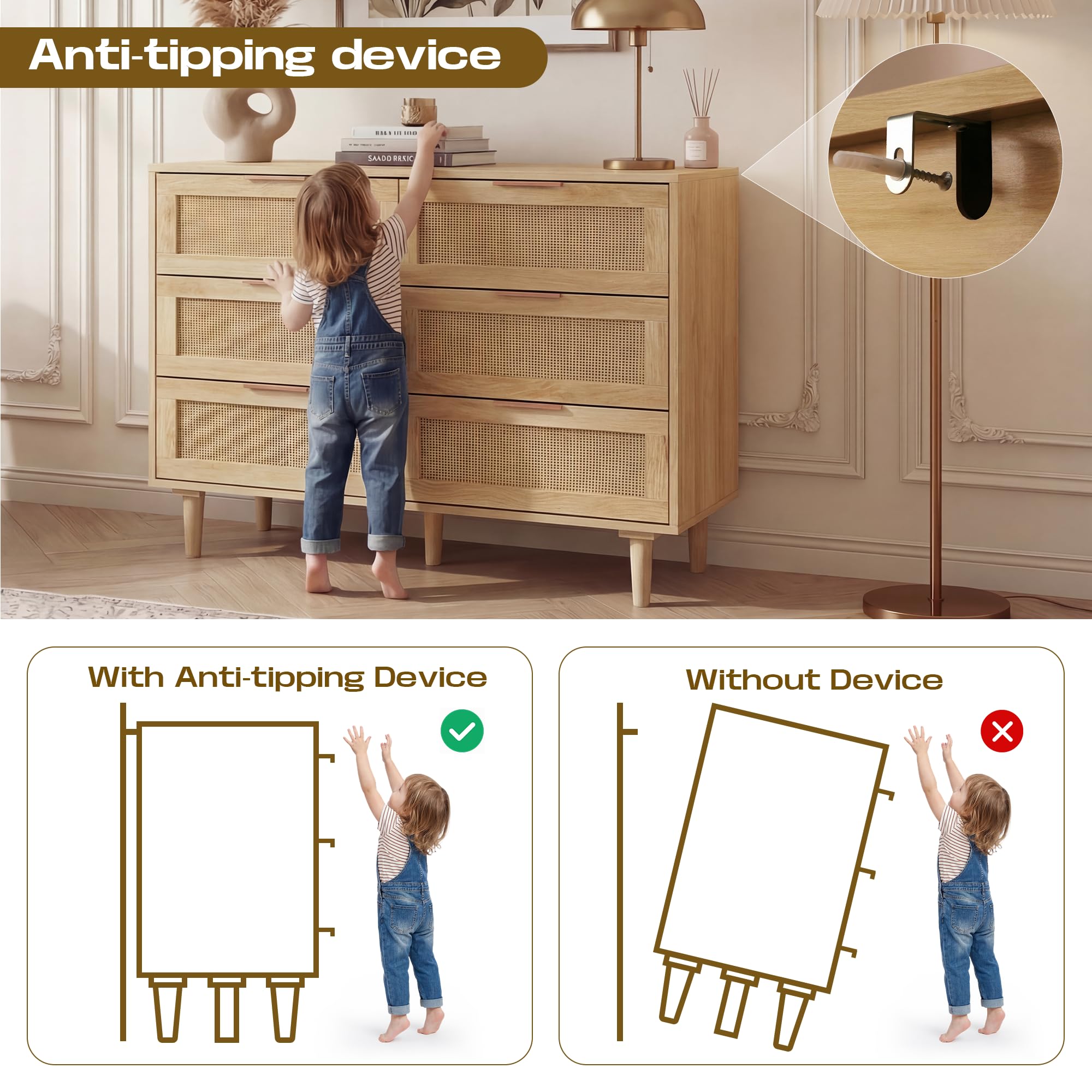 FUQARHY 6 Drawer Dresser Rattan Dresser Modern Chest with Drawers,Wood Storage Closet Dressers Chest of Drawers for Bedroom,Living Room,Hallway (Natural)