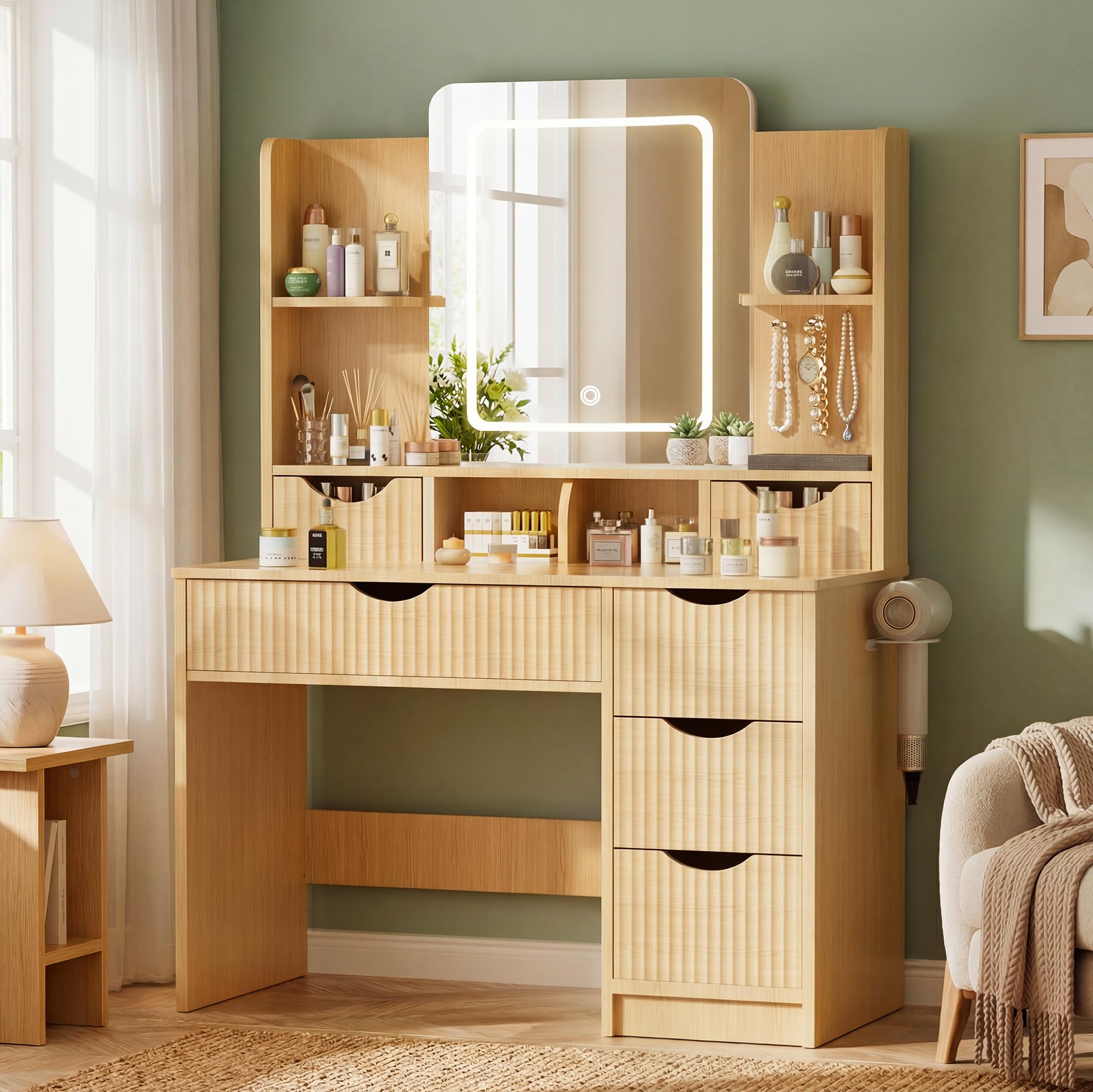 Fluted Vanity Desk with LED Mirror & 6 Drawers