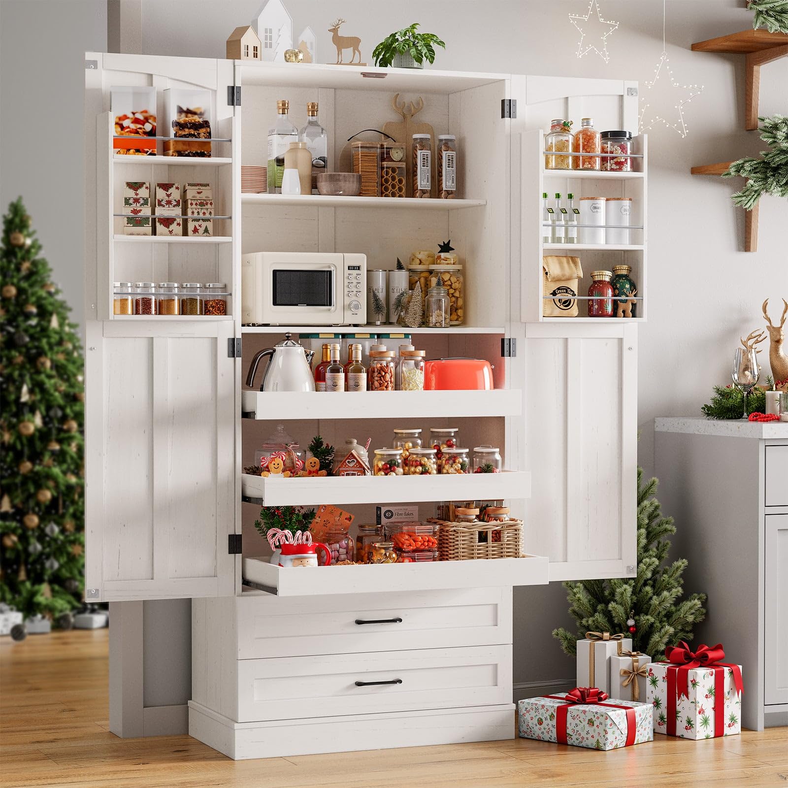 ONBRILL 71" Tall Farmhouse Kitchen Pantry Cabinet with 3 Pull Out Shelves & 2 Large Drawers, Pantry Storage Cabinet with 6 Door Shelf & Adjustable Shelf, Freestanding Cupboard for Kitchen, Dining Room