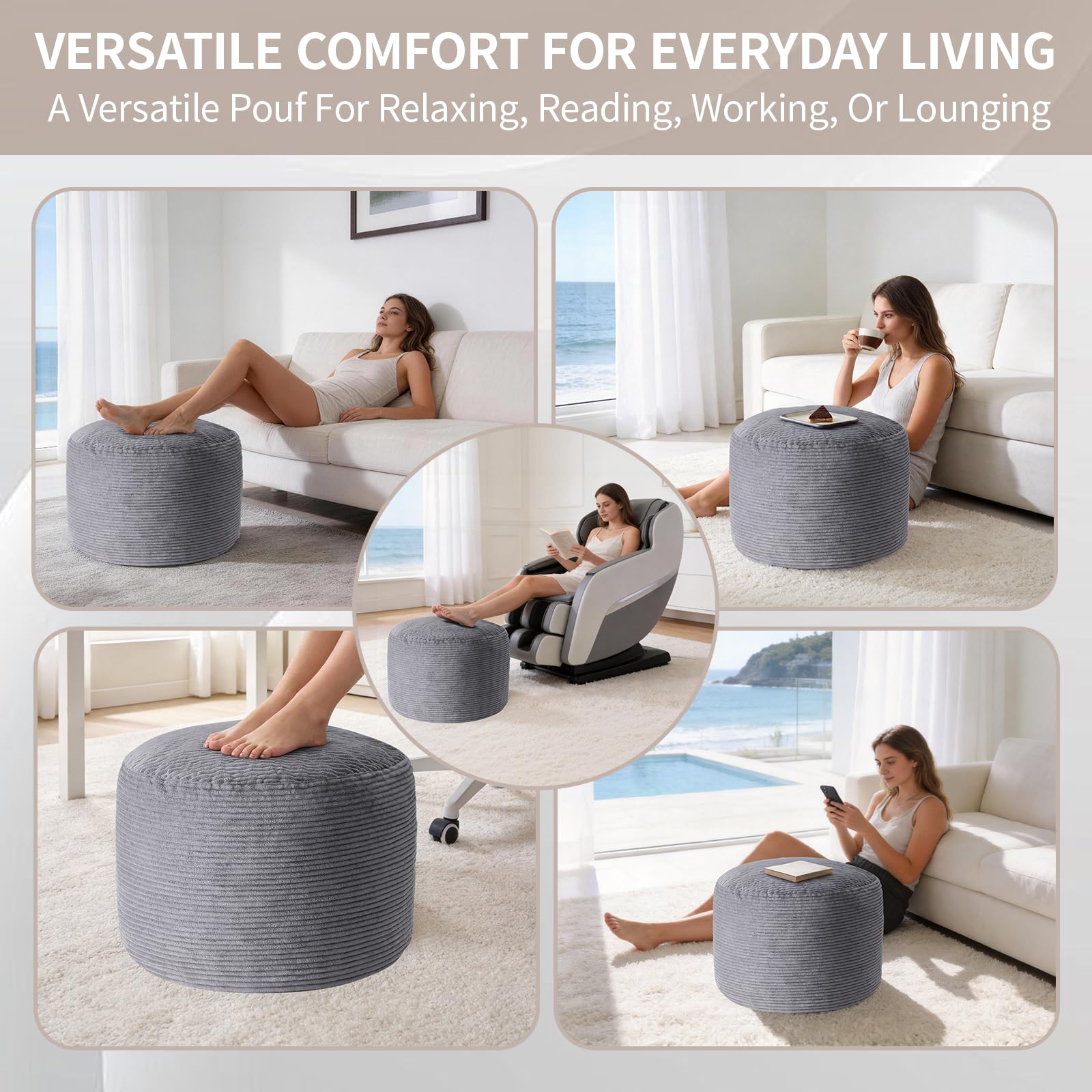 Large Corduroy Pouf Ottoman with Memory Foam Filling