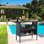 ECOTOUGE Black Wicker Bar Table, Outdoor Patio Console Table Serving Table, Mini Outdoor Bar Patio Counter with Steel Shelves & Hanging Wine Glasses, Ideal for Garden, Backyard