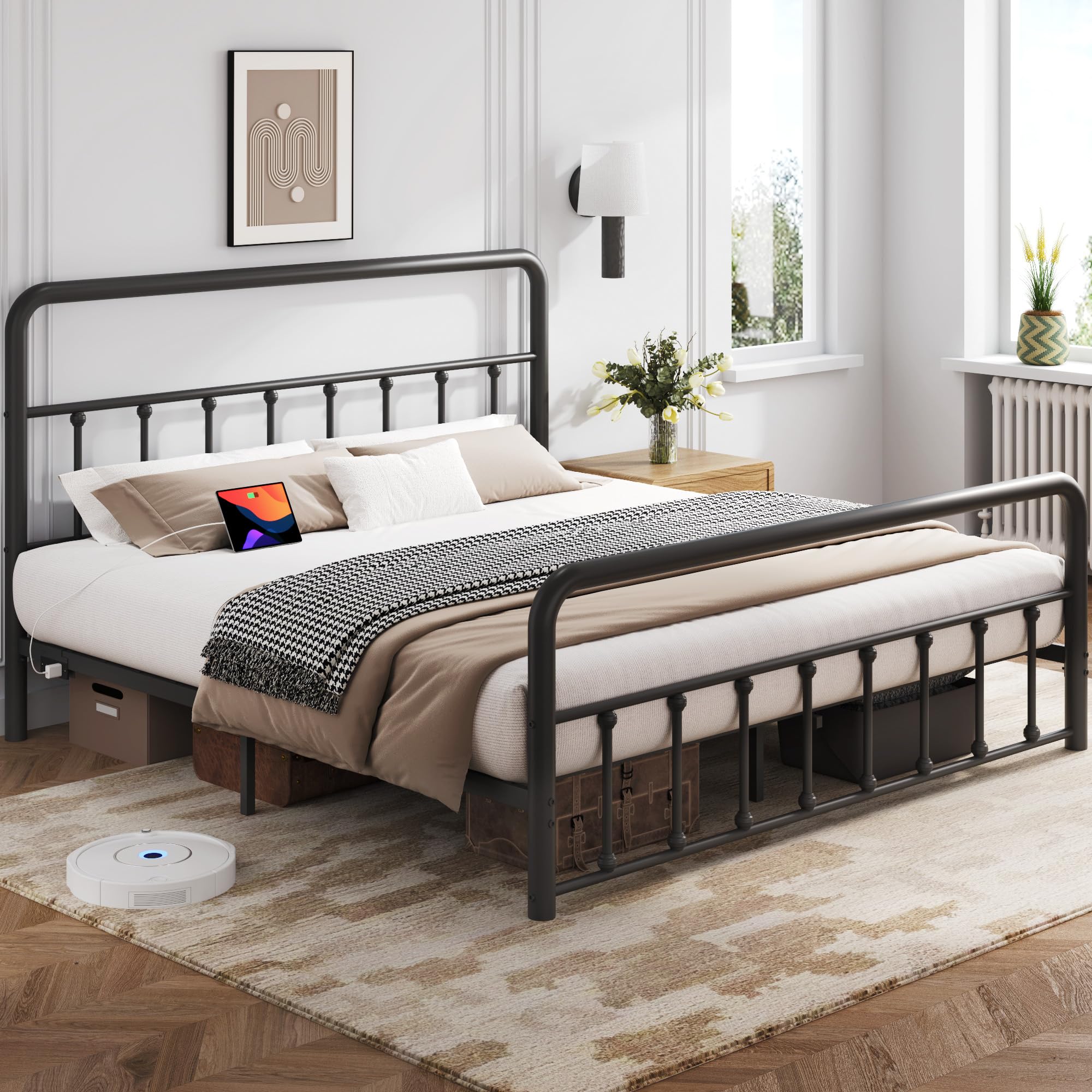 Queen Bed Frame with LED Headboard & Charging Station