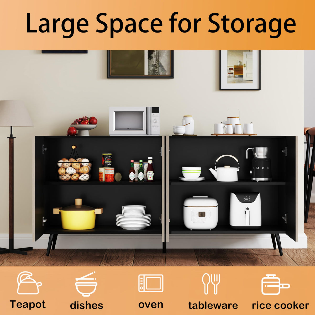 Mhsatyrs Oak and Black Wood Accent Cabinet with 4 Doors, 63" Sideboards