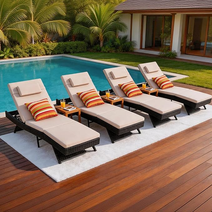 Wicker Patio Chaise Lounge Set with Cushions & Pillows