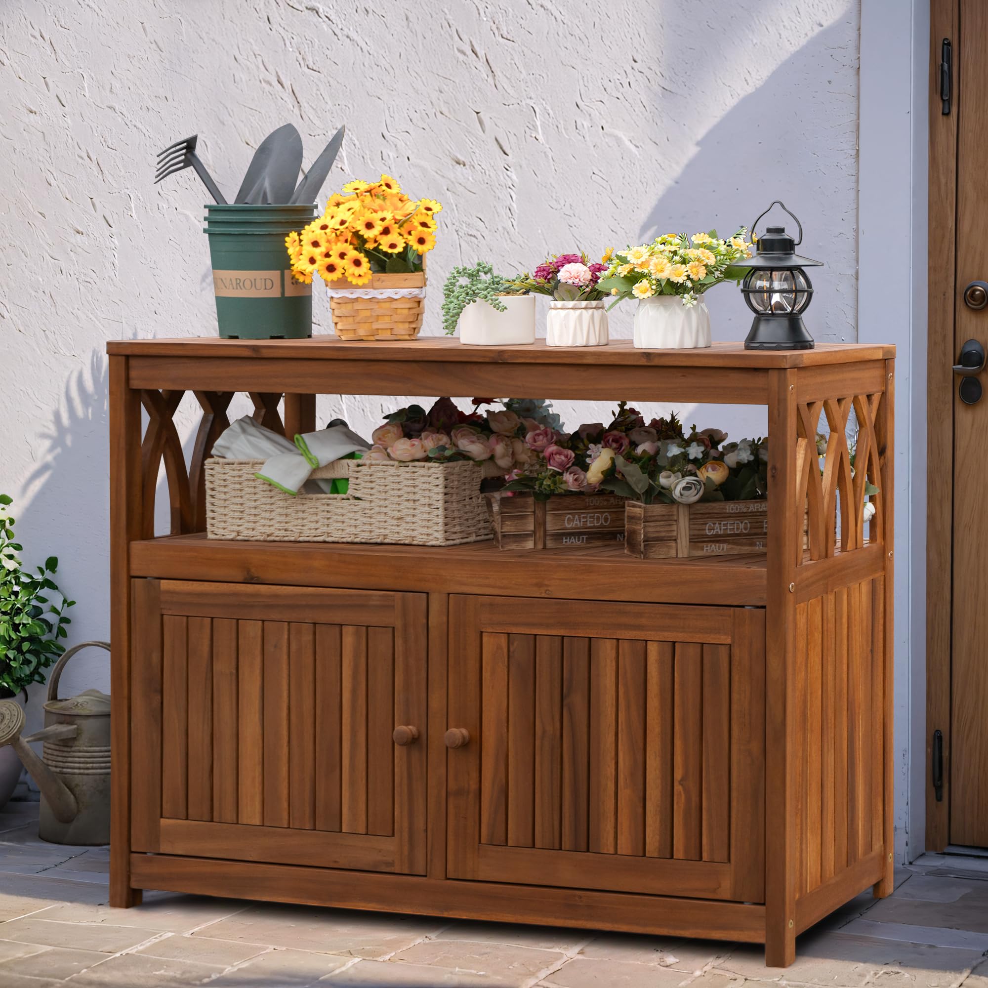 2-Tier Acacia Wood Outdoor Storage Cabinet with Magnetic Doors