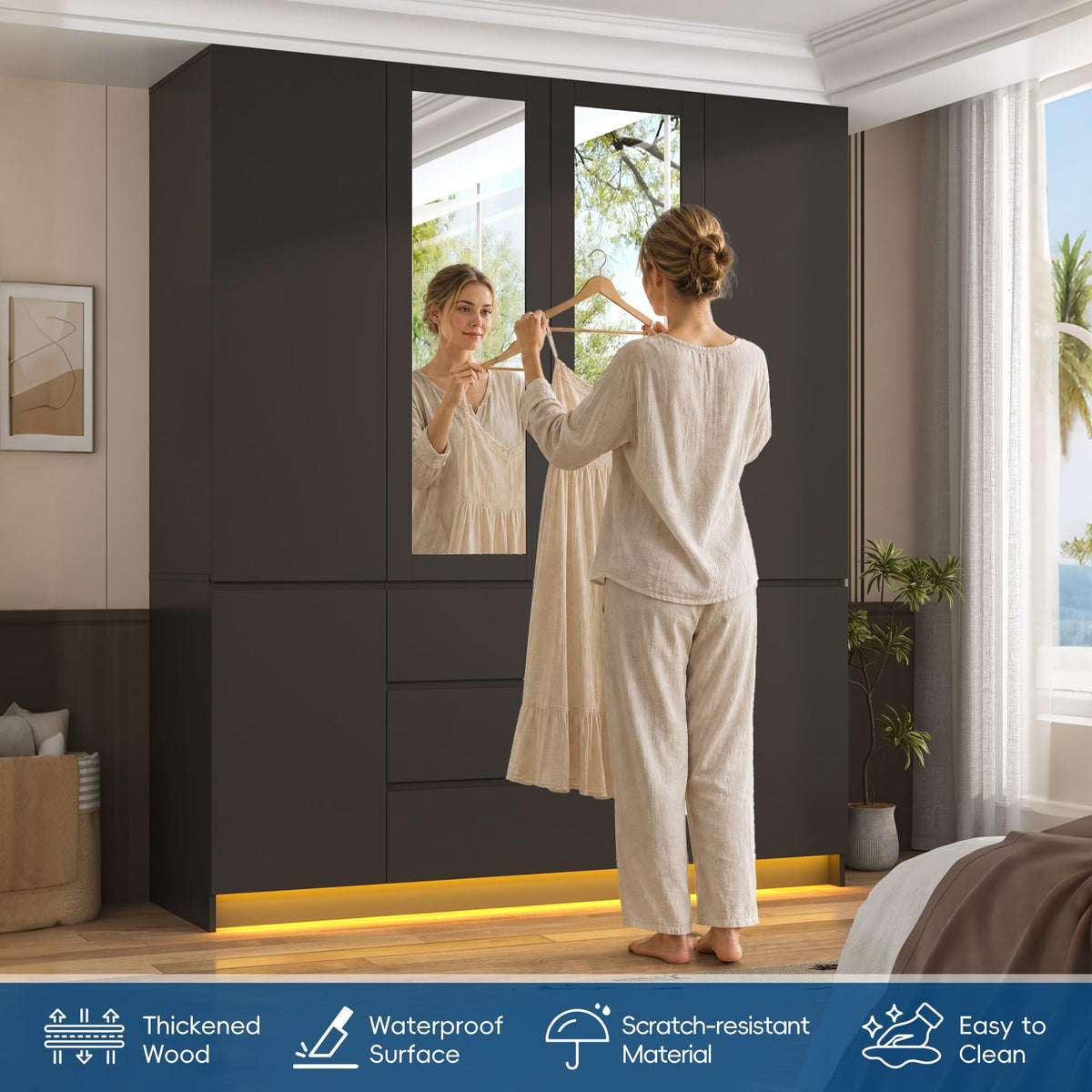 75" Tall Modern Wardrobe Closet with 2 Mirrors,LED Lights, 63"W Armoire Wardrobe Cabinet with 3 Drawers, Hanging Rod,Shelves, Freestanding Bedroom Storage Closet, Wooden Clothing Organizer, Black