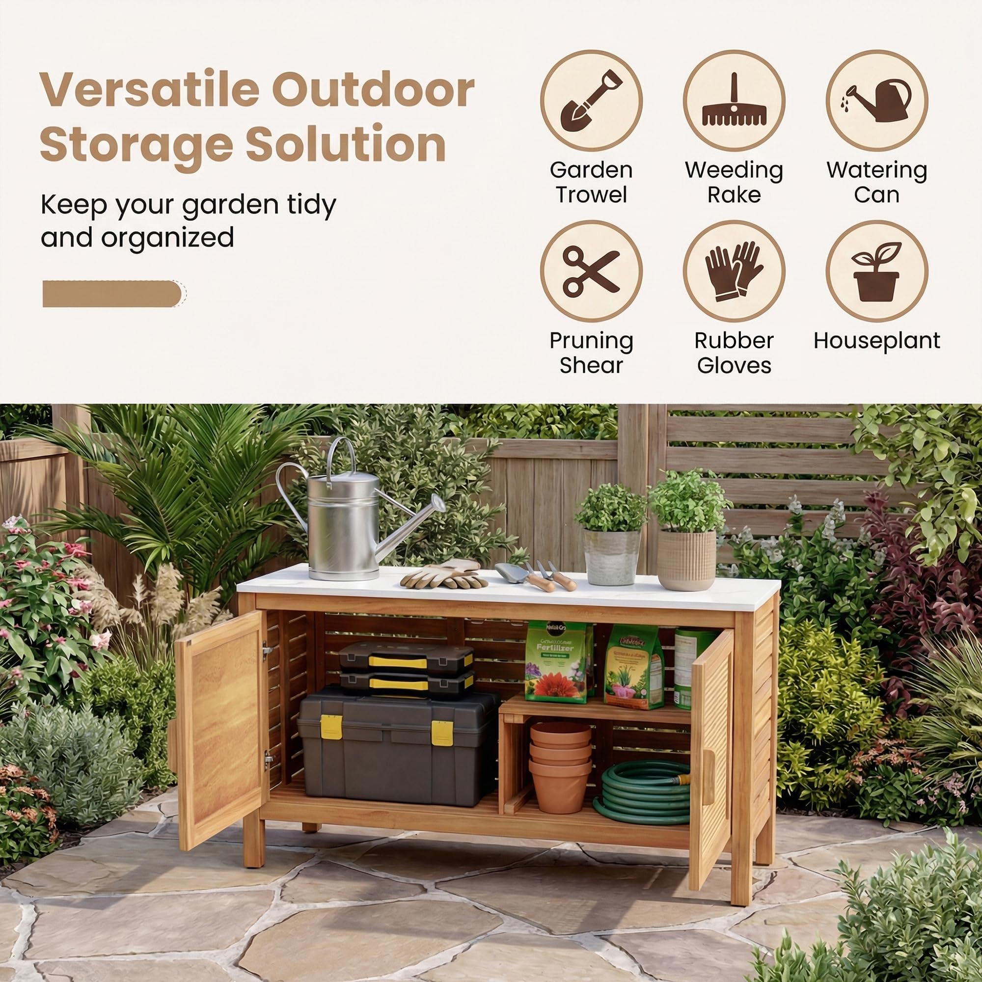 Giantex Acacia Wood Outdoor Cabinet, Storage Cabinet w/Faux Marble Top, Rattan Doors, Interior Shelves & Compartment, Buffet Cabinet, Functional Potting Table for Garden, Patio, Backyard