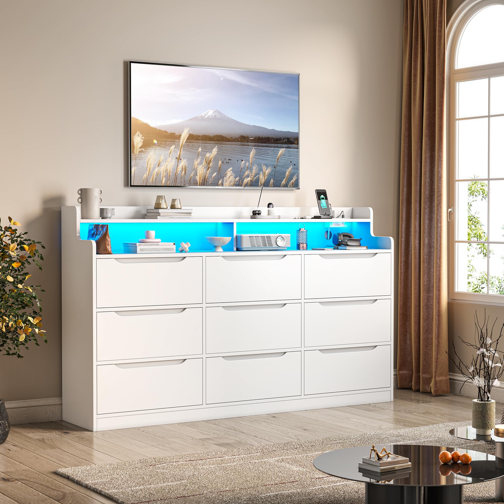 DurayLoly White Dresser for Bedroom with LED Light & Charging Station Modern 9 Drawer Dresser for Bedroom Wood Chest of Drawers for Living Room Hallway, Anti-Tip Safety, 15.6" D x 55" W x 35.5" H
