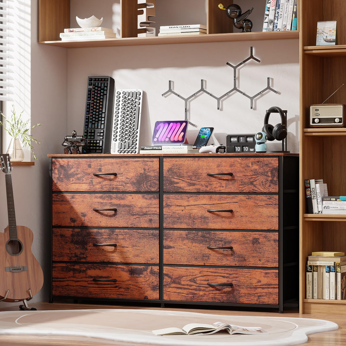 Furnulem Long Dresser for Bedroom, TV Stand for 55'', 8 Drawer Dorm Dresser
