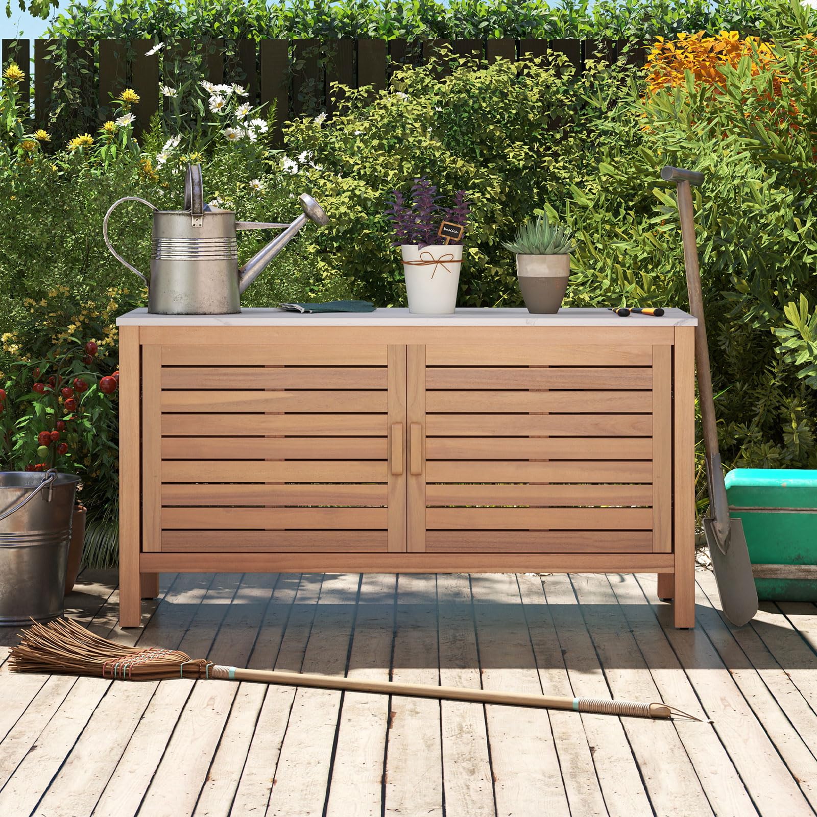Acacia Wood Outdoor Storage Cabinet with Faux Marble Top
