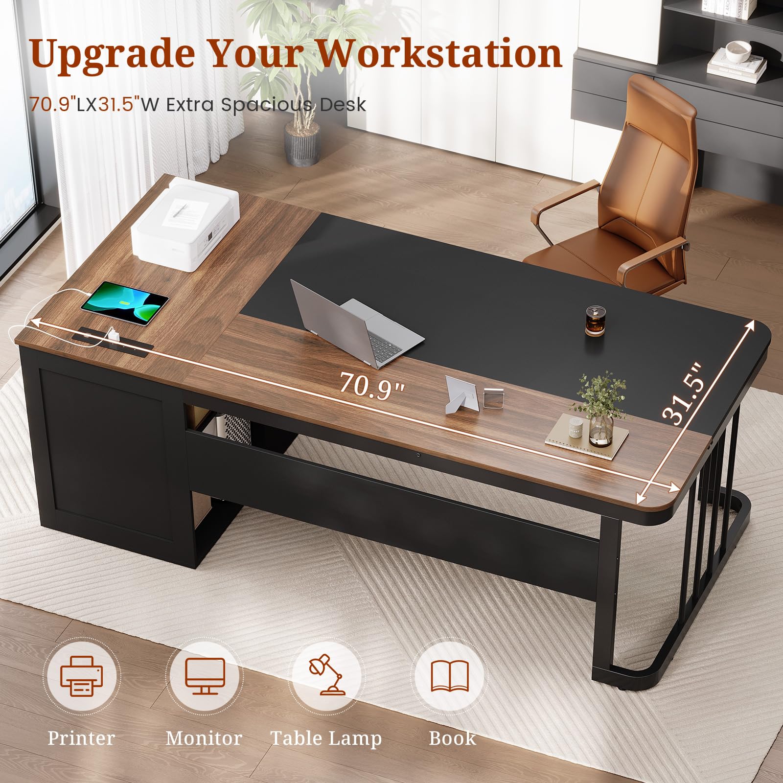 70.9" Executive Desk with Power Outlet, Drawers & File Cabinet