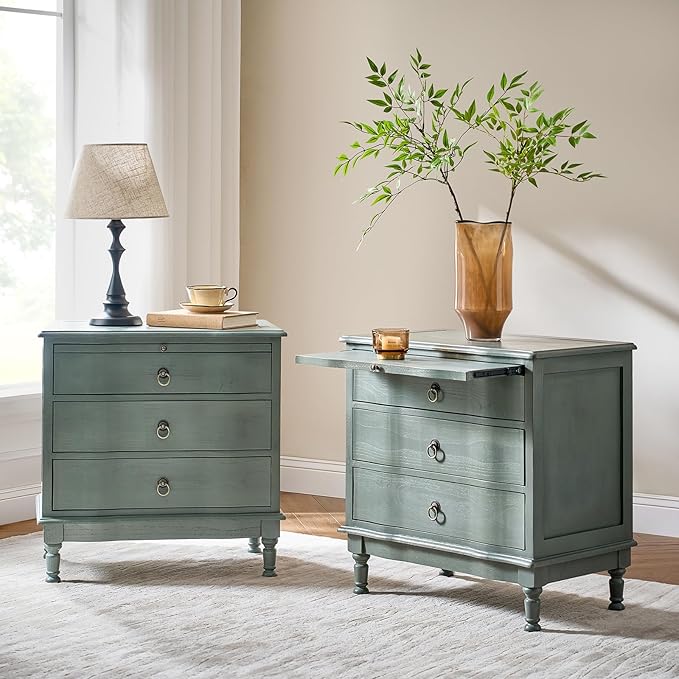 Solid Wood End Table with Charging Station & 3 Drawers