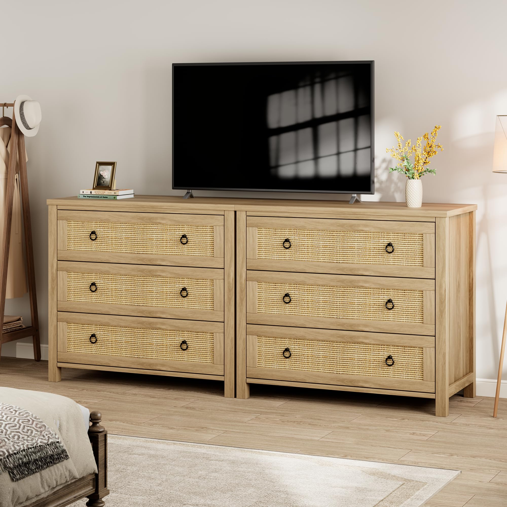 Garvee 3 Drawer Rattan Dresser for Bedroom, Boho Chest of Drawers, 29 Inch Tall Storage Cabinet, Wood Nightstand with Natural Finish for Living Room, Entryway, Closet
