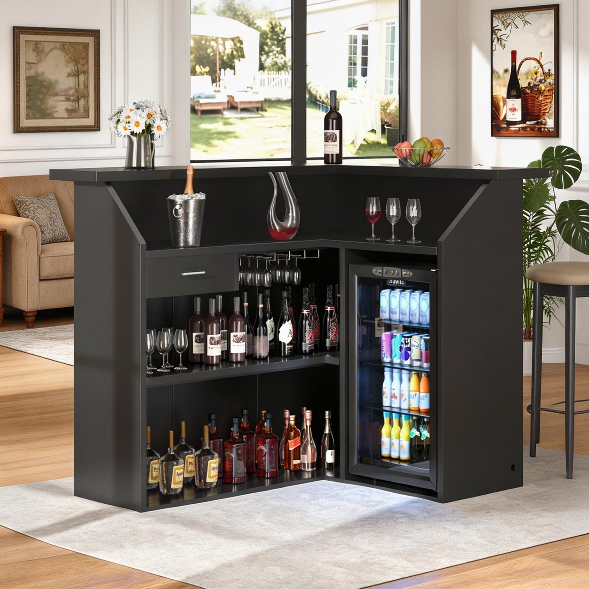 VAXZOFI L-Shape Home Bar Unit with Fridge Space & LED, Modern Liquor Wine Cabinet with Power Outlet, Wine Glass Holder, Mini Bar Table with Storage for Living Room, Basement, Home Pub, Black
