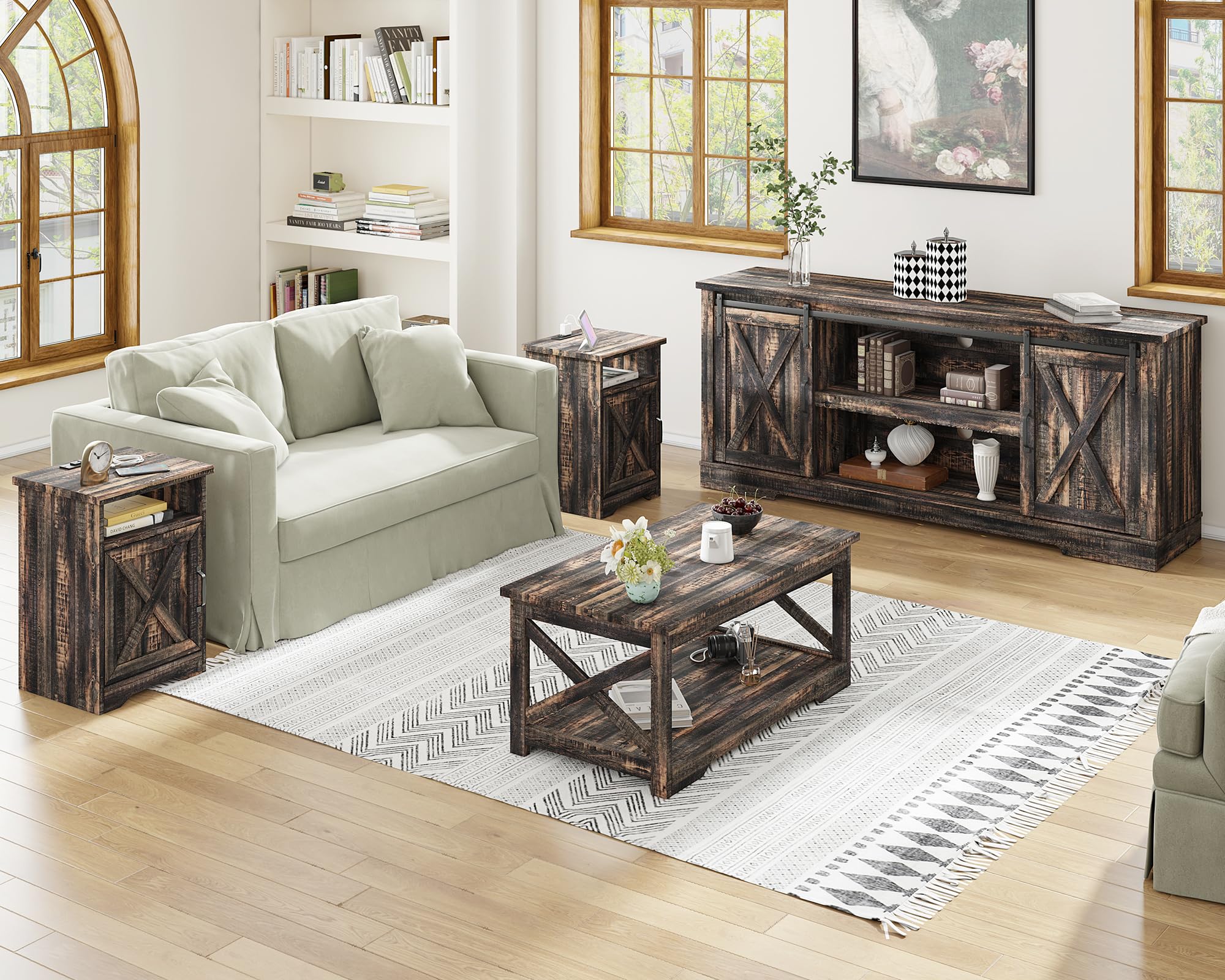 AMERLIFE 4-Piece Farmhouse Table Set Includes Sliding Barn Door TV Stand, Coffee Table& Two End Tables, Side Table with Charging Station and USB Ports, for Living Room, Dark Oak, 66"