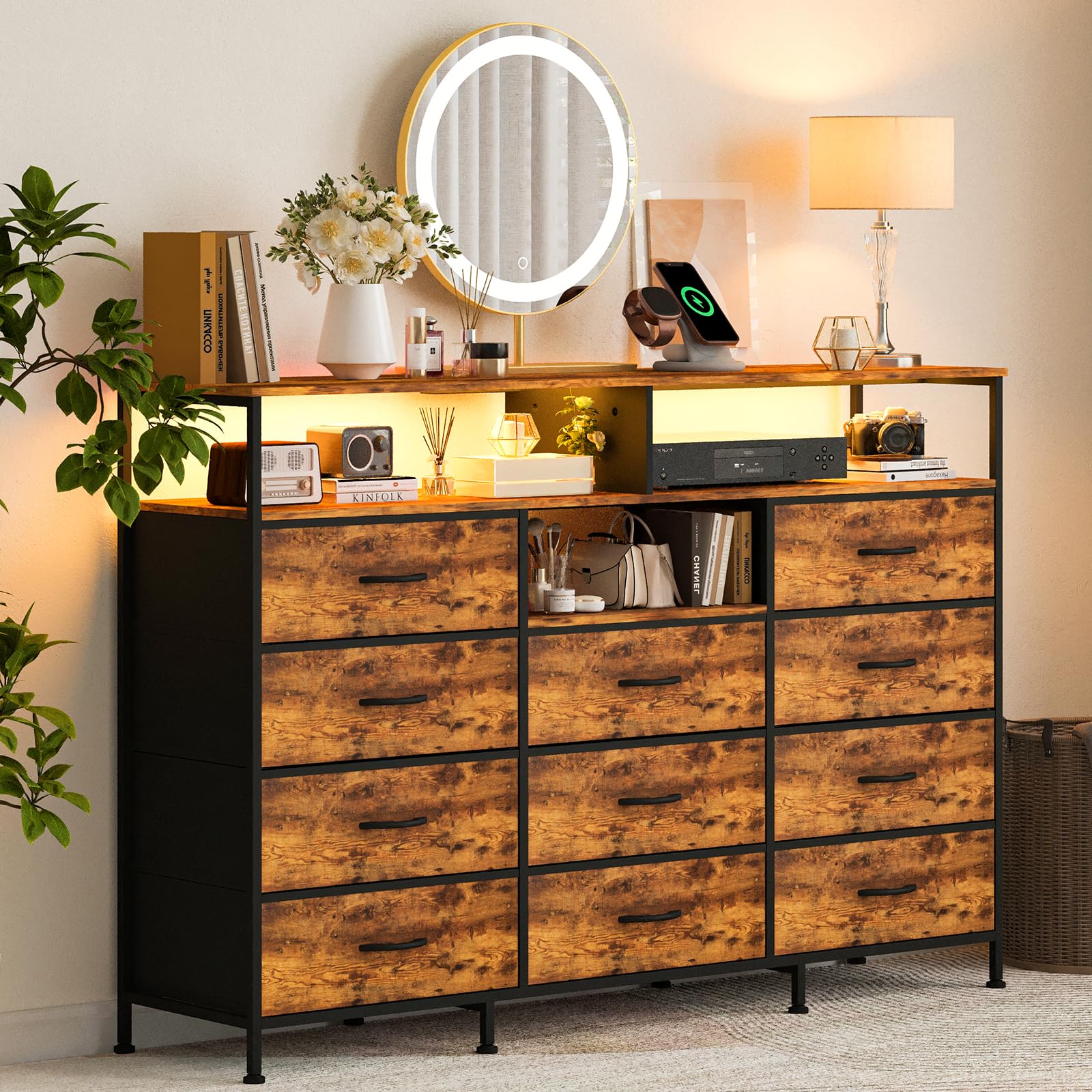 Dresser for Bedroom with LED Lights & Charging Station, 11 Drawer Dressers & Chests of Drawers, Steel Frame, Wood Top, 55 ” Fabric Dresser TV Stand for Bedroom,Hallway, Storage Organization, Entryway