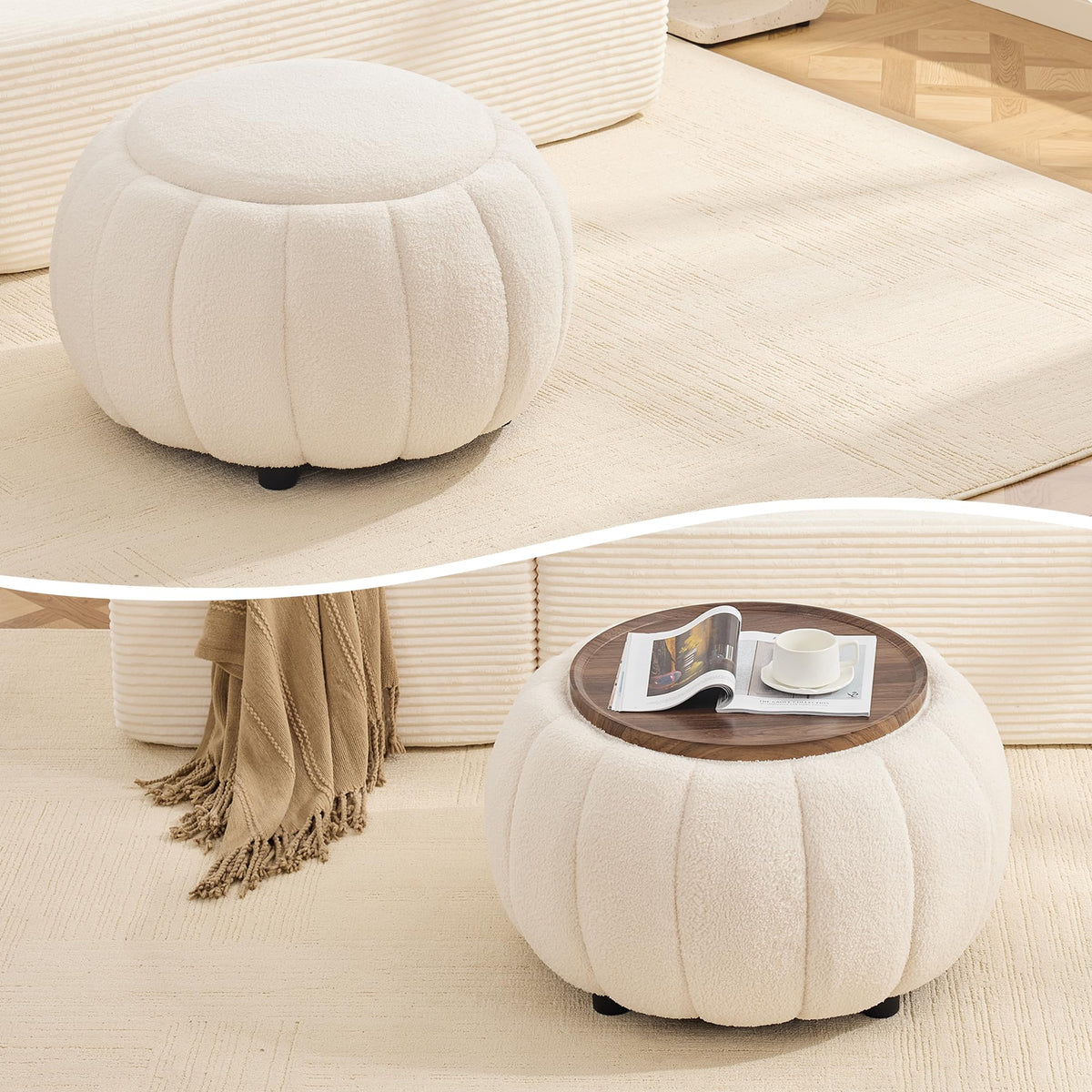 Beige Round Storage Ottoman