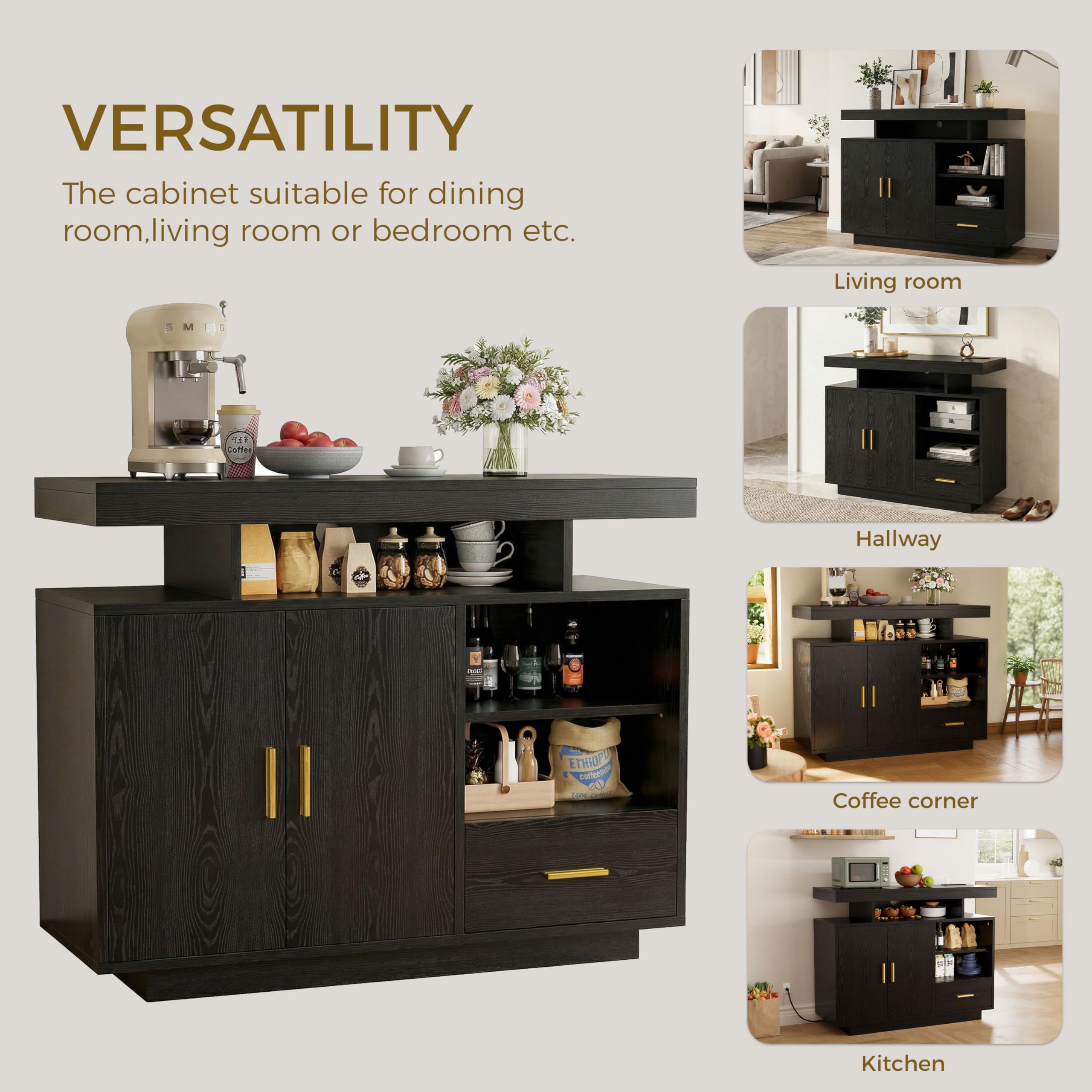 IRONCK Buffet Cabinet, Sideboard Cabinet with Power Outlet and LED Light, Modern Storage Cabinet with Drawer, Coffee Bar Cabinet with Doors and Shelves for Kitchen, Black