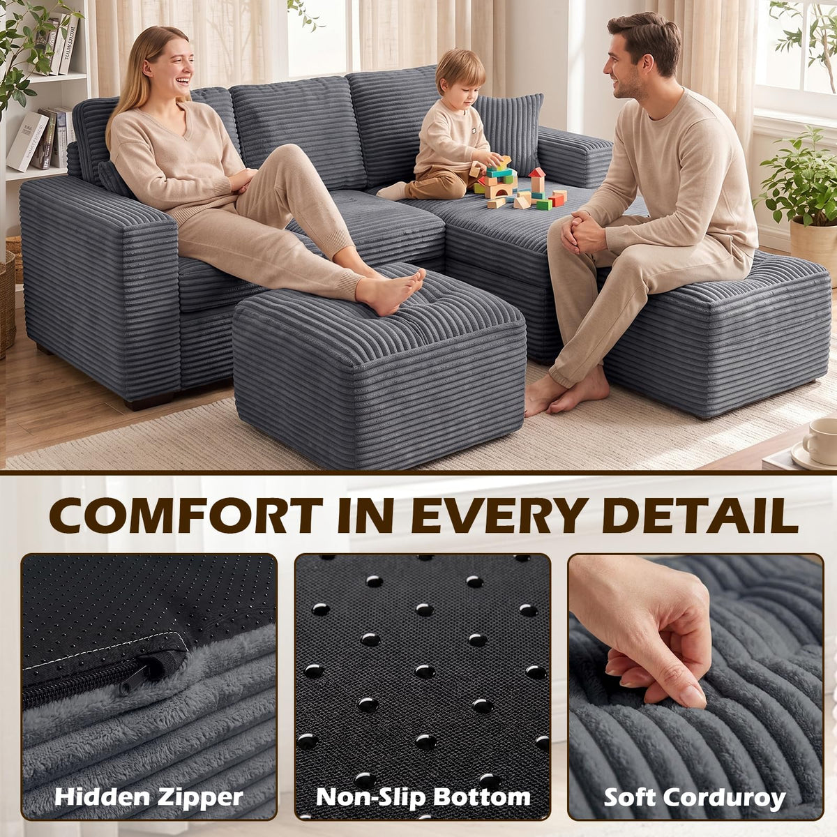 OXVIT 23.6in Pouf Ottoman, Corduroy Ottoman Foot Rest Footstool, Grey