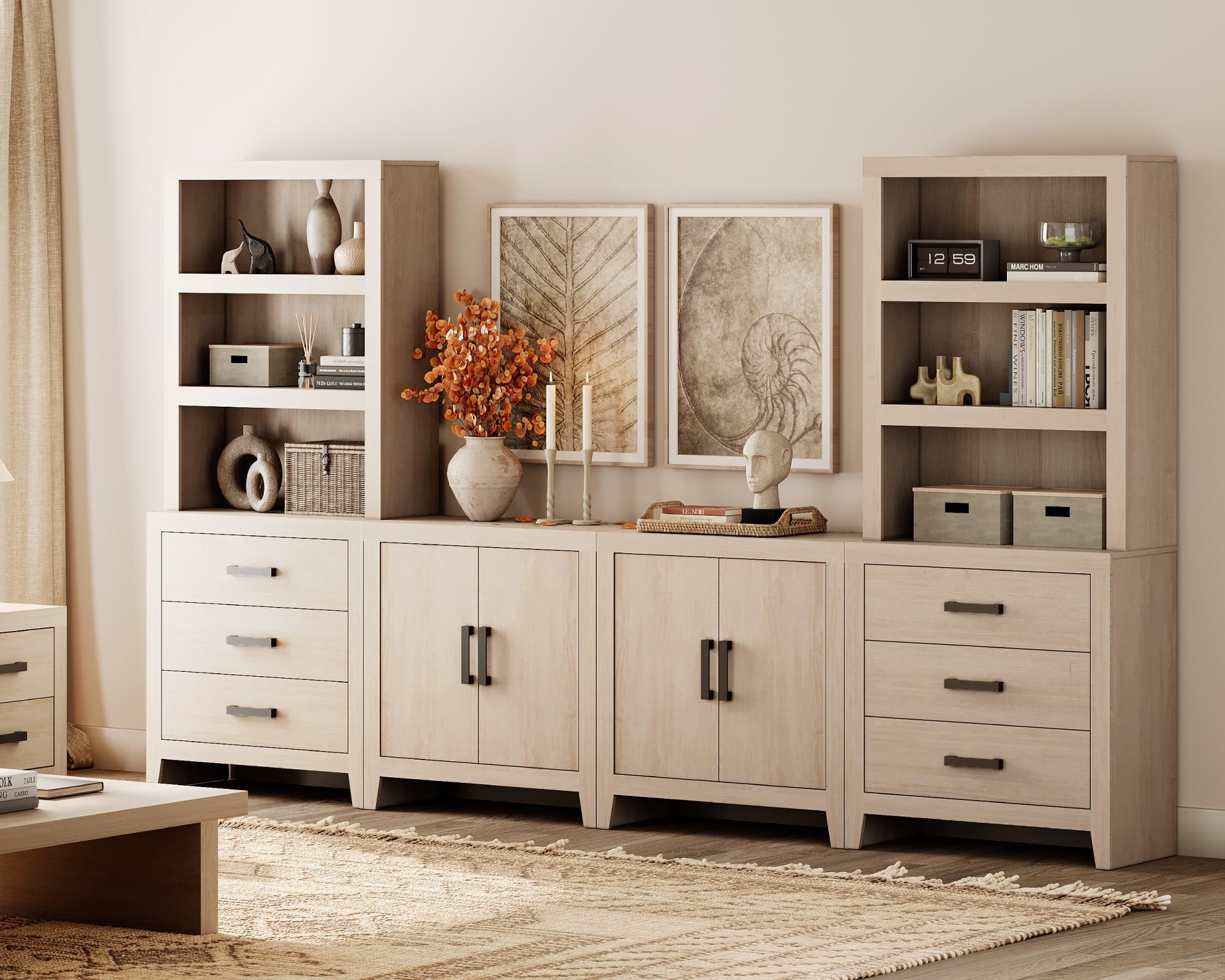 WAMPAT Entertainment Center with Bookshelves, Farmhouse TV Stand for 75 inch TV, Wood Media Console with Adjustable Shelves and Storage Drawers for Living Room, Bedroom, Beige