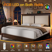 Lifezone Queen Bed Frame with Headboard, Solid Wood Bed Frame Queen Size with Charging Station & RGB LED, Wood Slats Support, Noise-Free, Sturdy Structure, Easy Assembly, Walnut