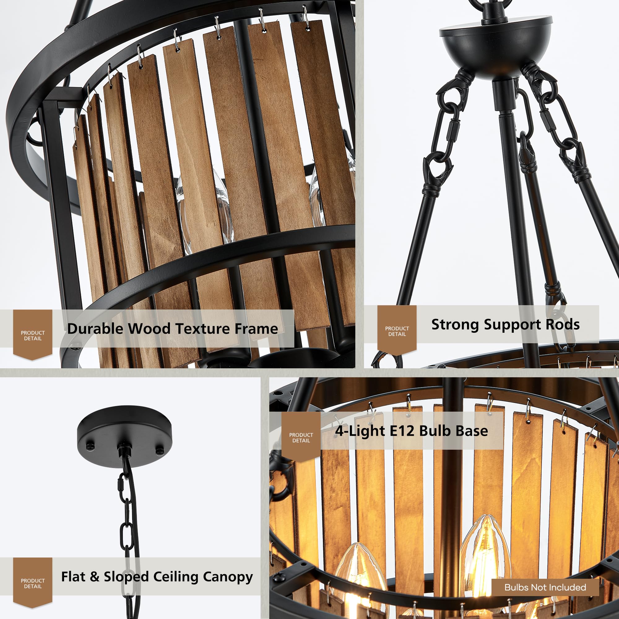 Aol furin 4-Light Drum Chandelier for Dining Room，11.8" Rustic Farmhouse Dining Room Light Fixture，Wood Grain and Vintage Black Metal Chandeliers for Kitchen Entryway Living Room