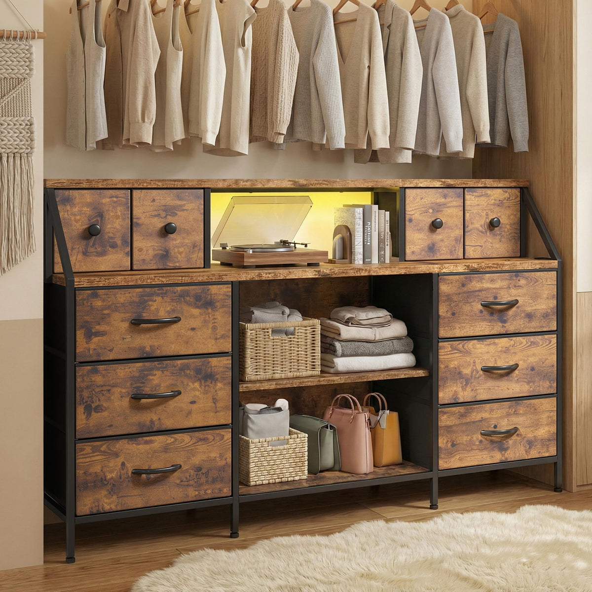 Romorgniz 55" W Dresser with Charging Station & LED, Detachable Mesh Door