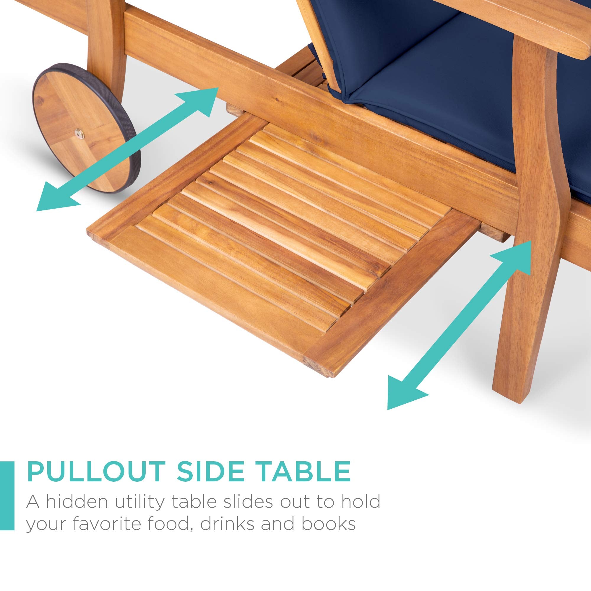 Acacia Wood Outdoor Chaise Lounge Chair with Slide-Out Side Table