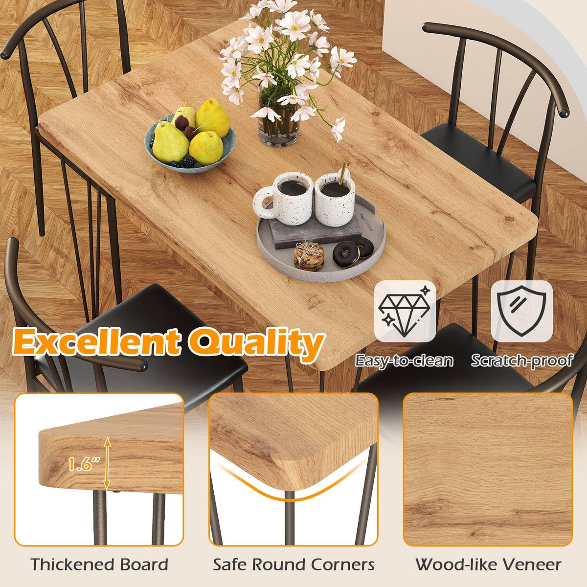 GIANTEX 5-Piece Dining Table Set, 43-Inches Rectangular Kitchen Table & 4 Armless Chairs with Upholstered Seat, Spindle Back, Metal Frame, Dinette Set for Small Space, Living Room (Oak+Black)